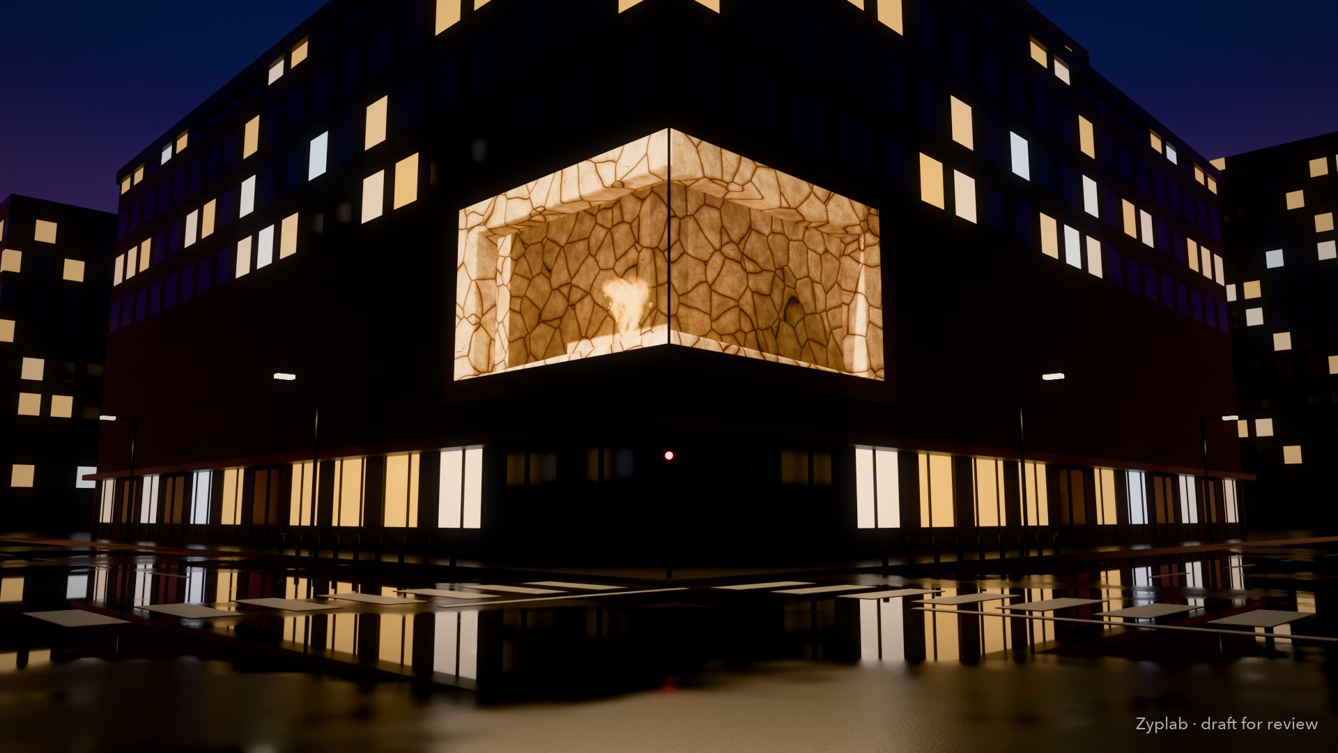 The corner LED screen at dusk from the street sweet spot, showing a cracked dry clay box that seems carved into the building corner, with a small dust devil inside