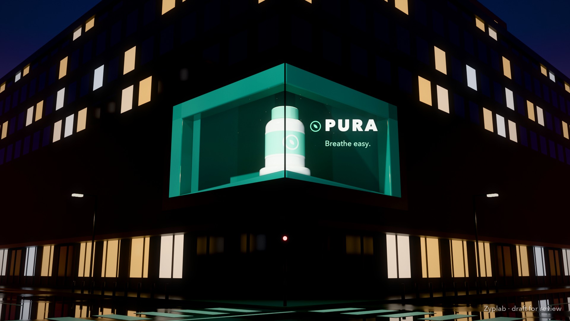 The same corner screen at the end: the box healed into glossy green, the white bottle on a podium, and the PURA wordmark with the tagline Breathe easy