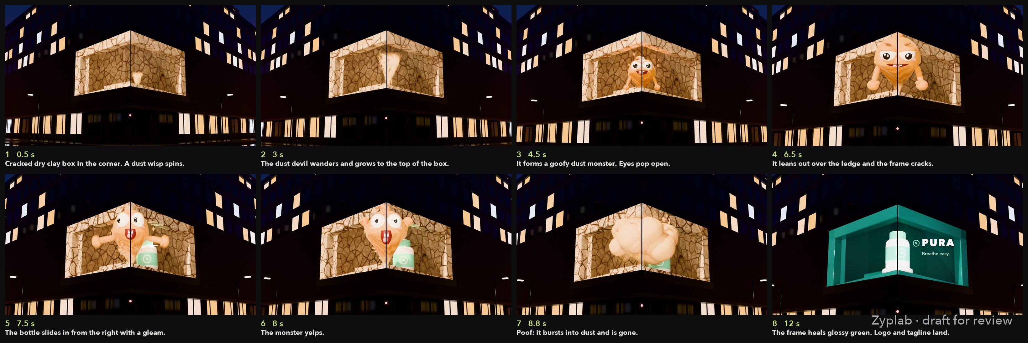 Eight-panel storyboard strip of the spot from dry box to healed packshot