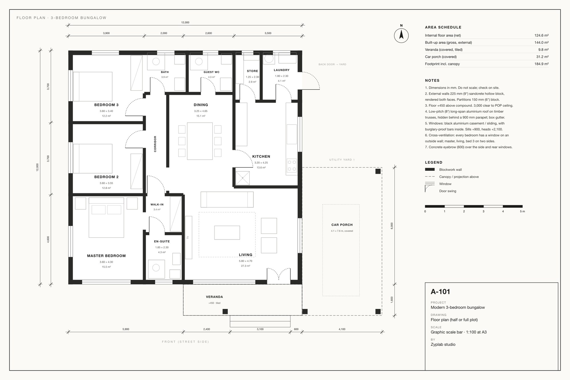 Dimensioned floor plan with room names, sizes, furniture, doors, windows, north arrow and scale bar