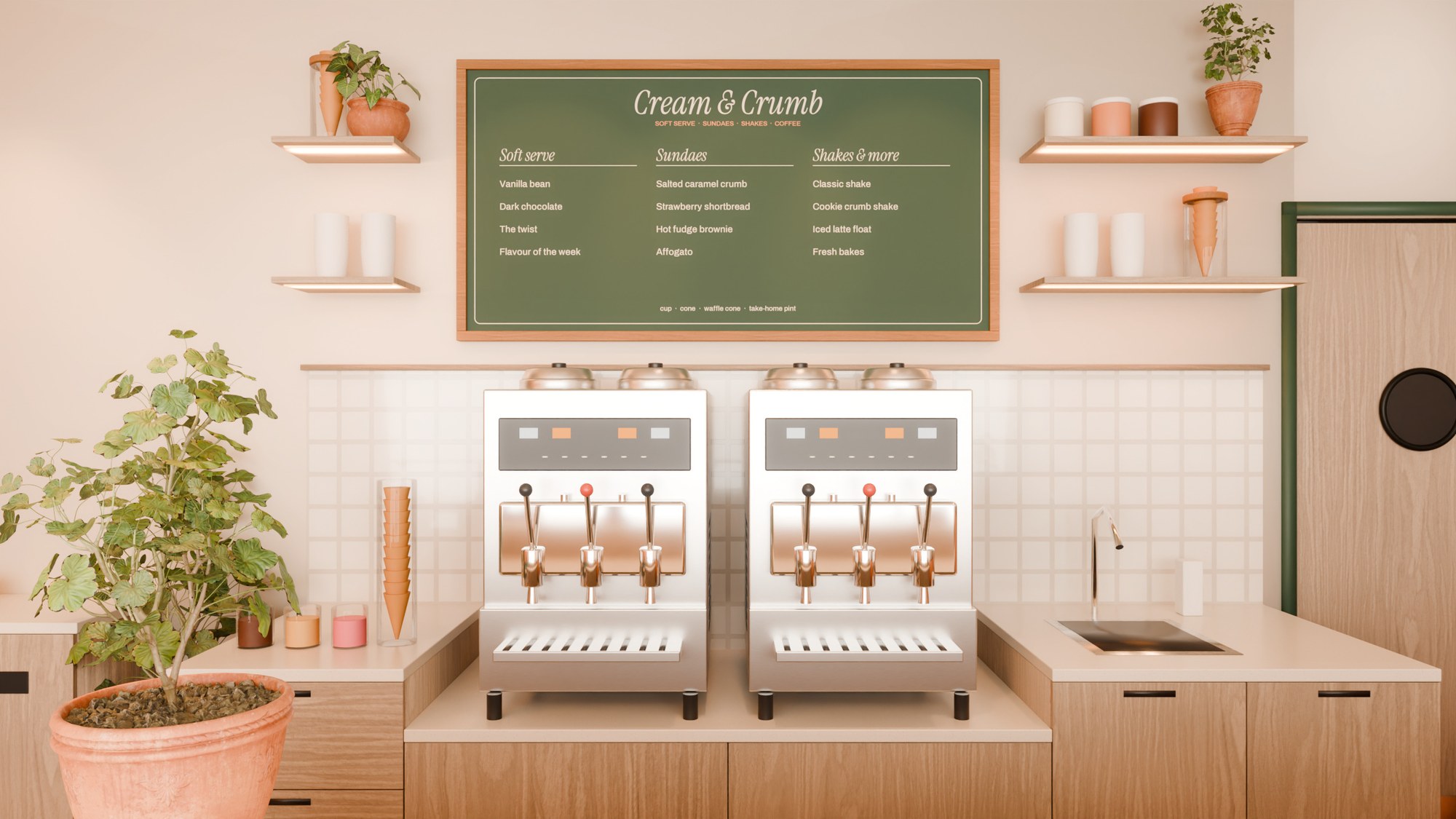 Two stainless soft-serve machines side by side on a lowered birch-ply bay, cream tile splash, green menu board and open ply shelves
