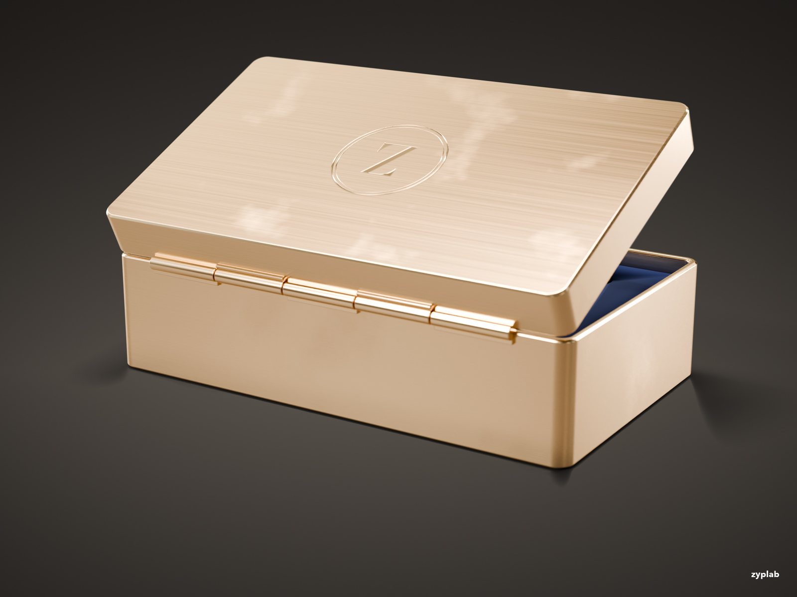 Back of the gold gift box showing the piano hinge with the lid slightly open
