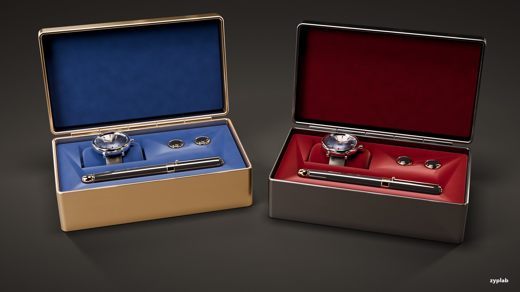 Champagne gold box with navy velvet next to a gunmetal box with oxblood velvet