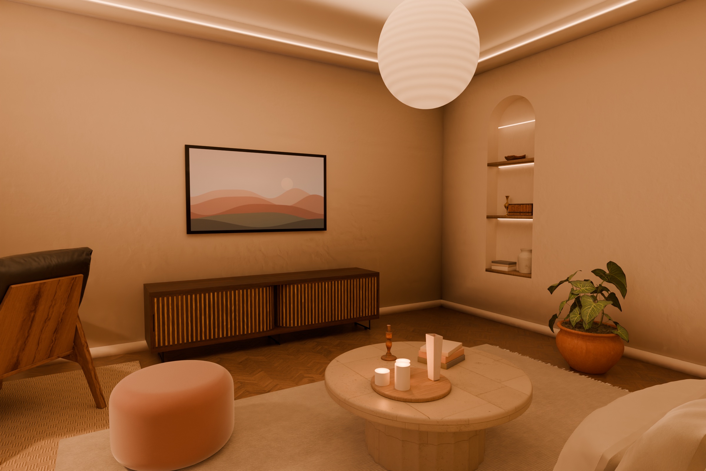Reverse view of the living room toward a walnut media console under a framed TV, an arched niche and a terracotta pouf