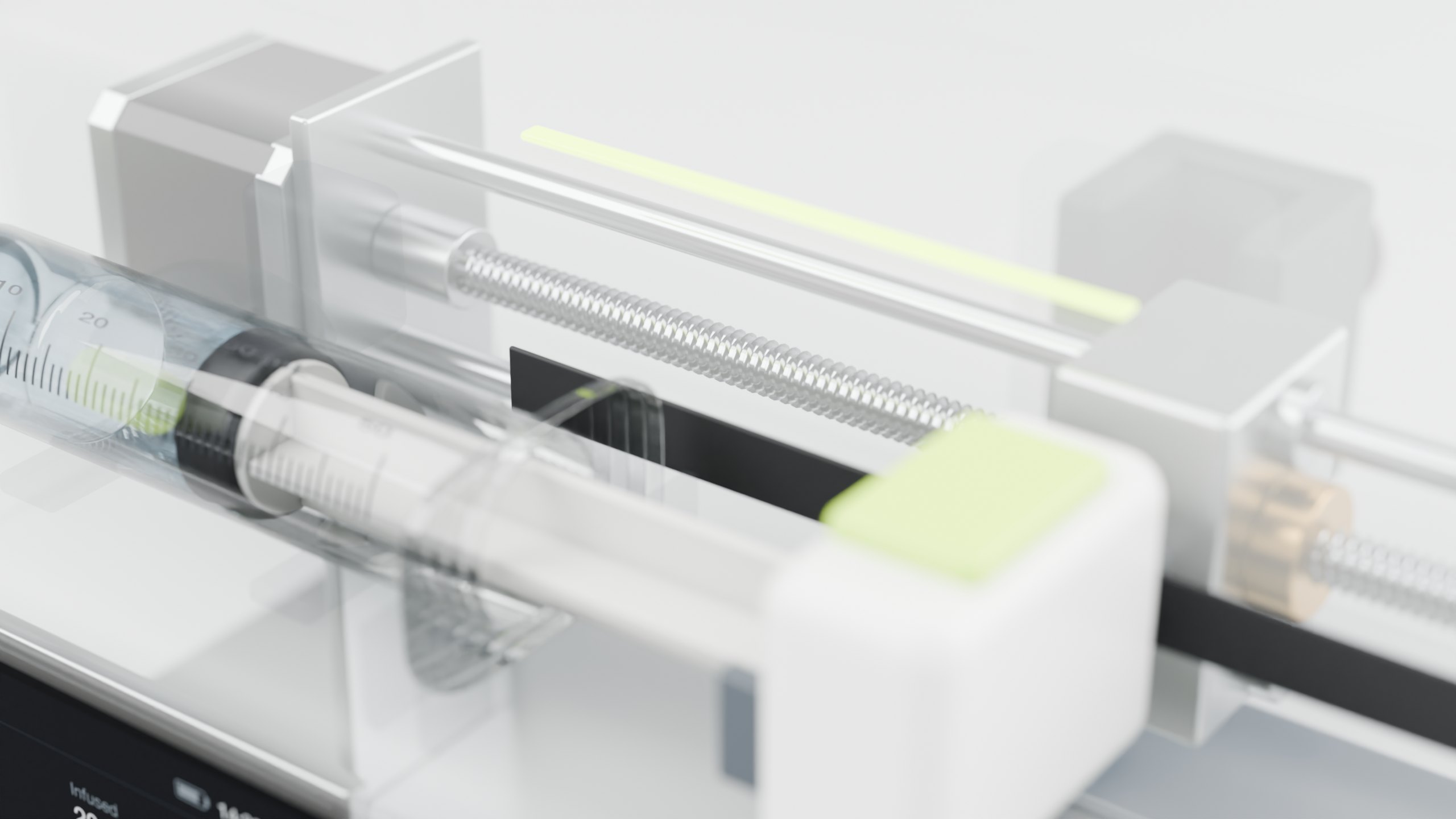 Close view of the stepper motor, coupler, lead screw, guide rods and carriage inside the pump