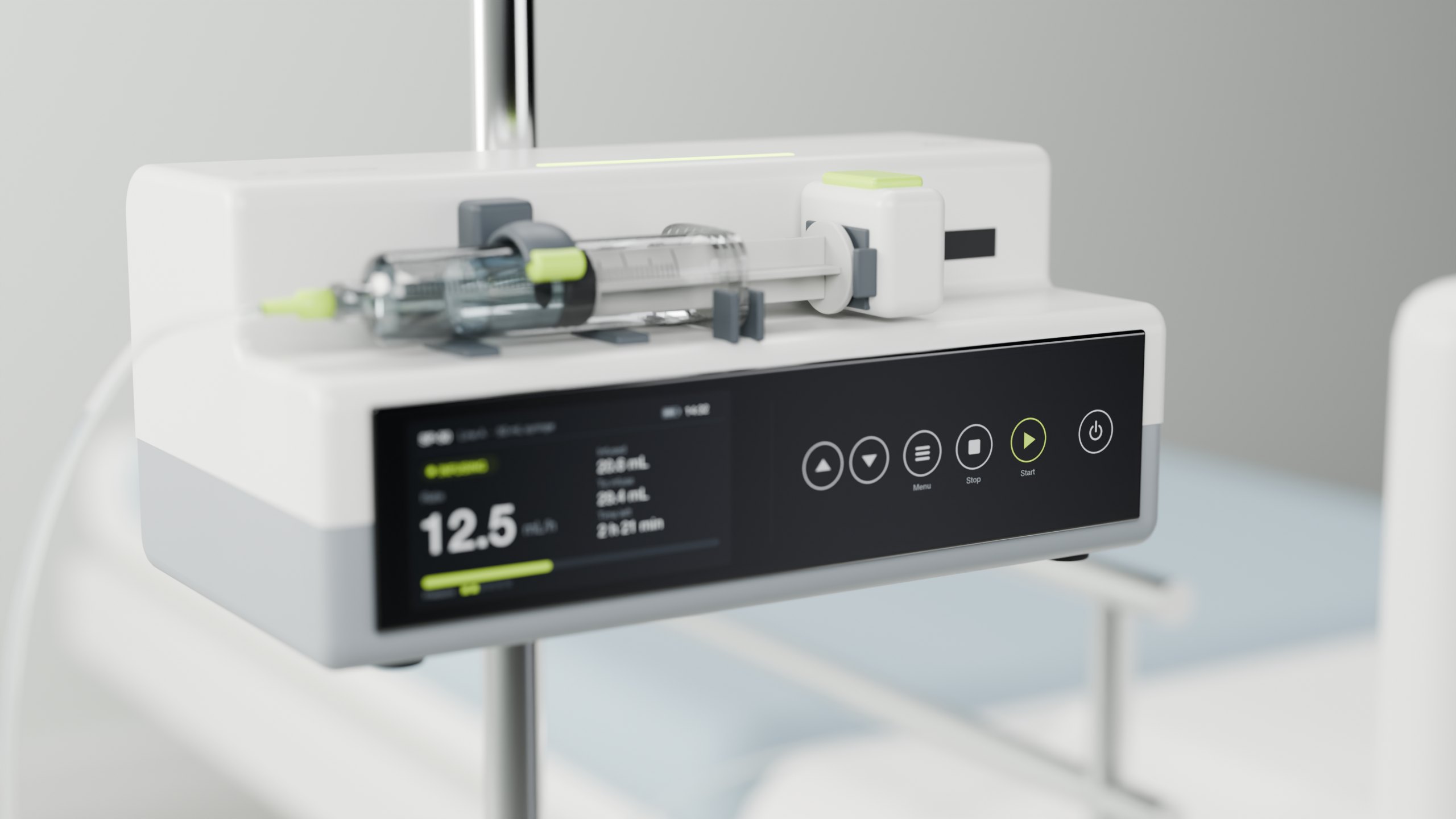 SP-50 mounted on an IV pole beside a hospital bed
