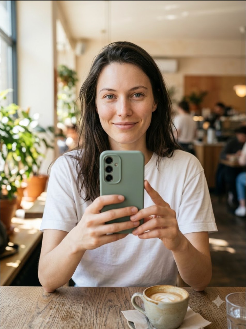 Woman in a café holding a phone in a sage green case