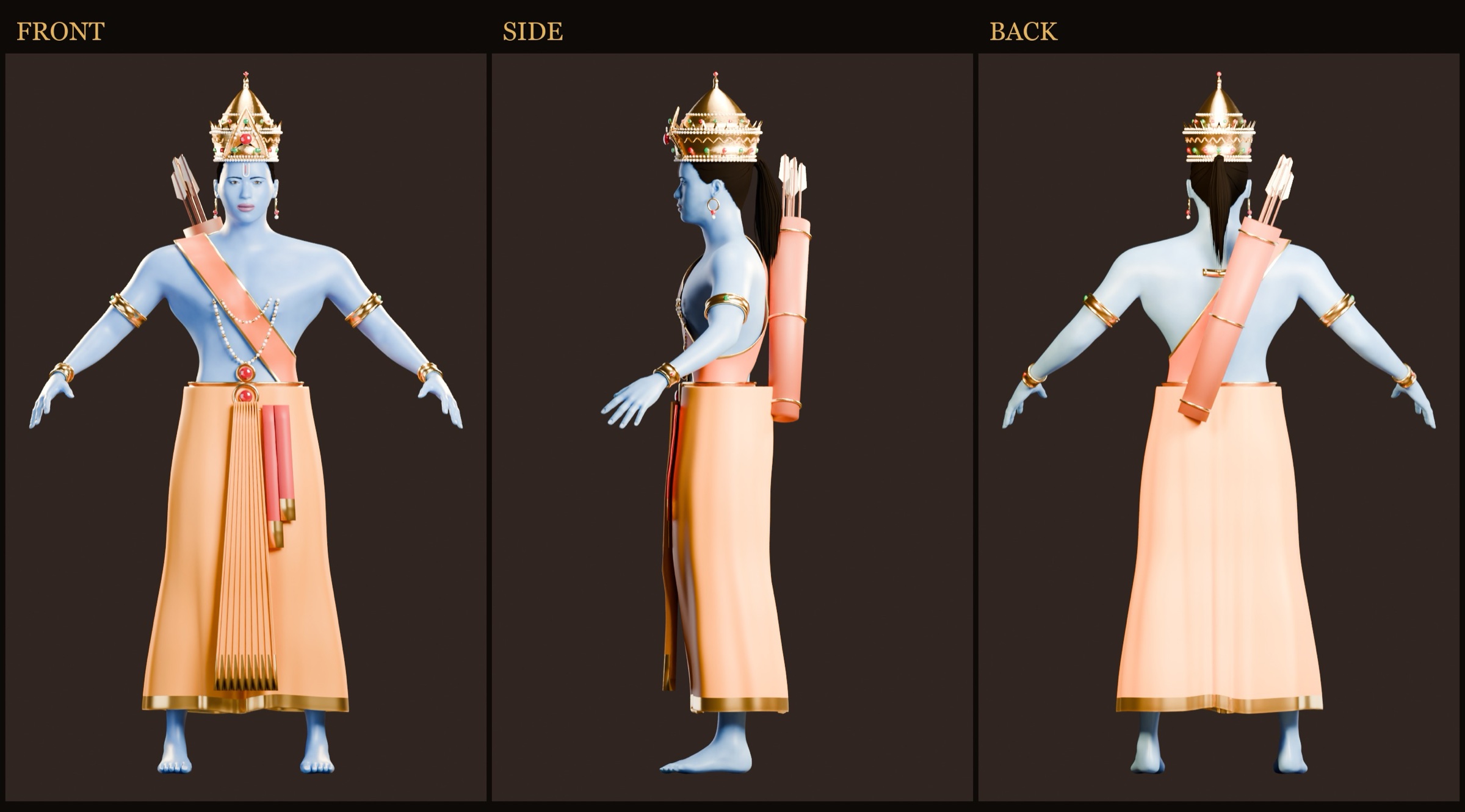 Front, side and back views of Lord Ram in A-pose