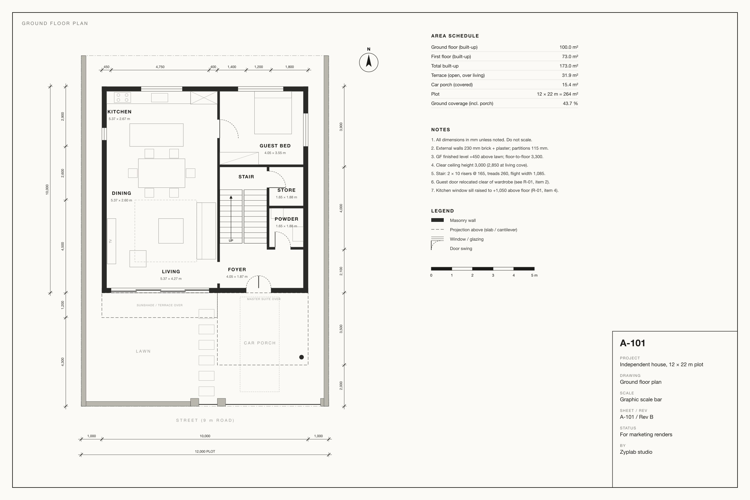 Dimensioned ground floor plan A-101 with rooms, furniture, stair and area schedule