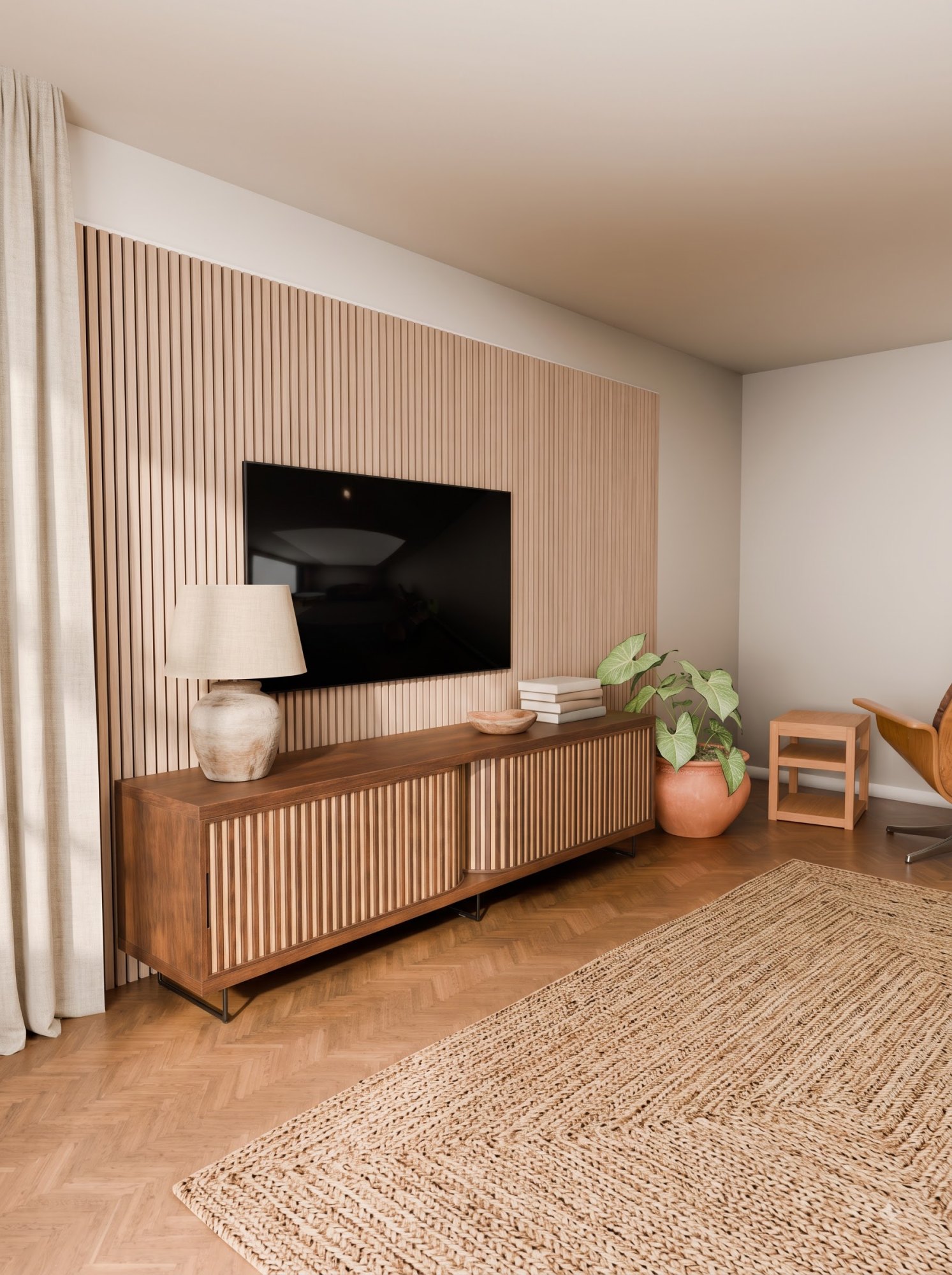 Light oak slatted wall panel seen from an angle in a living room