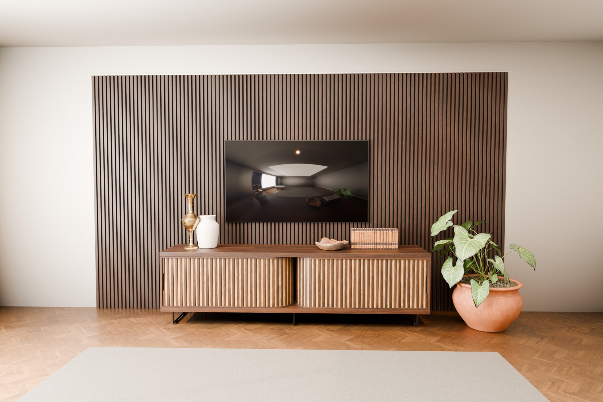 Base 3D render of the walnut panel wall before AI styling